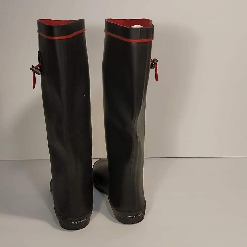 Henry Ferrera Tall Blk/Red Drawstring Rain Boots Ladies Size 8